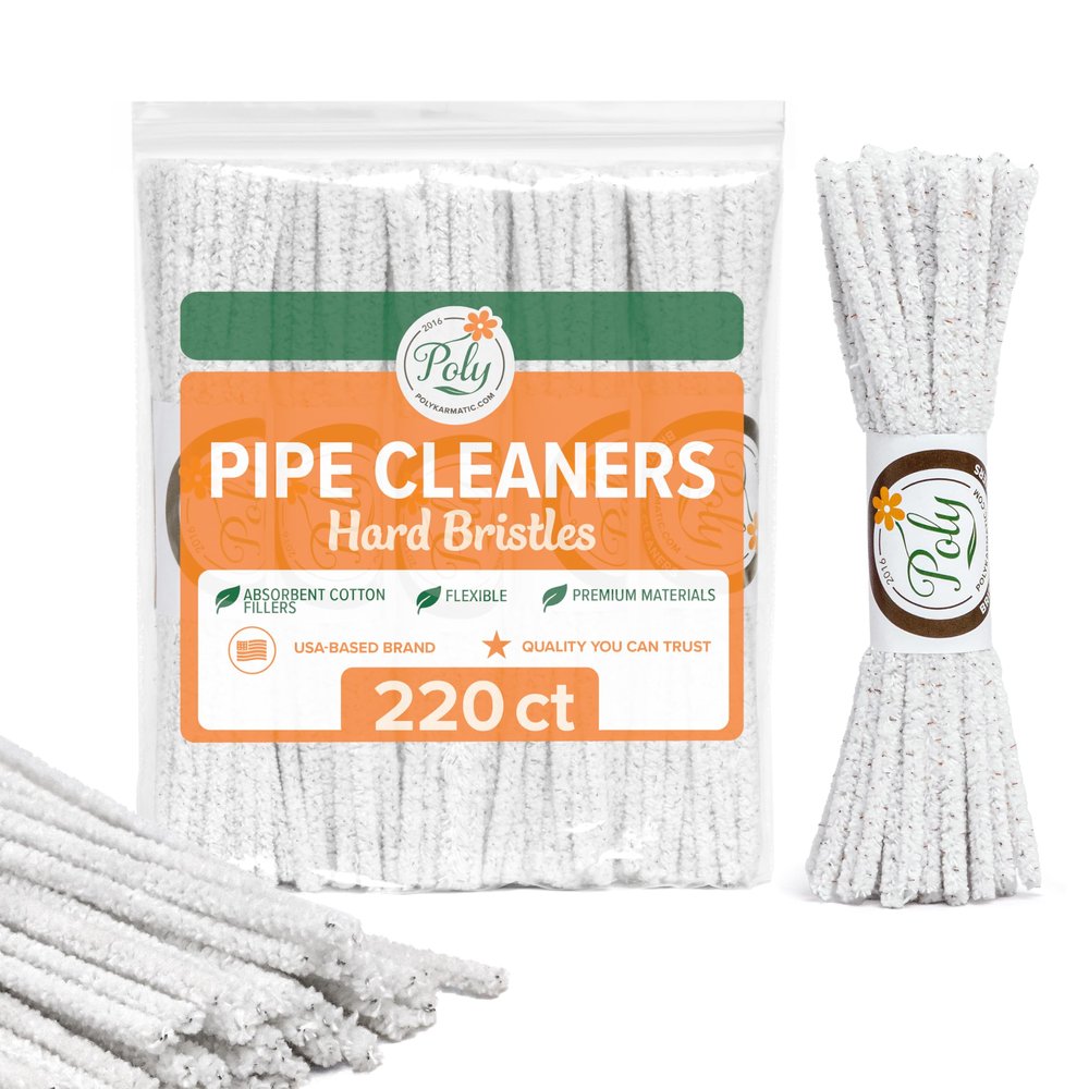 220 Count - Hard Bristle Pipe Cleaners Bulk | Great for Scrubbing Straws, Tubes, Tight Spaces | Nylon Bristles for Extra Scrub | Absorbent Cotton | Pipe Cleaners for Cleaning | Thick Pipe Cleaners