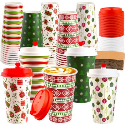 100 Pcs Christmas Hot Coffee Cups with Lids, 16 Oz Christmas Disposable Paper Cups with Lids and Sleeves, Xmas Paper Cup for Hot Cold Drinks Hot Cocoa Drinking Xmas Holiday Winter Party Supplies