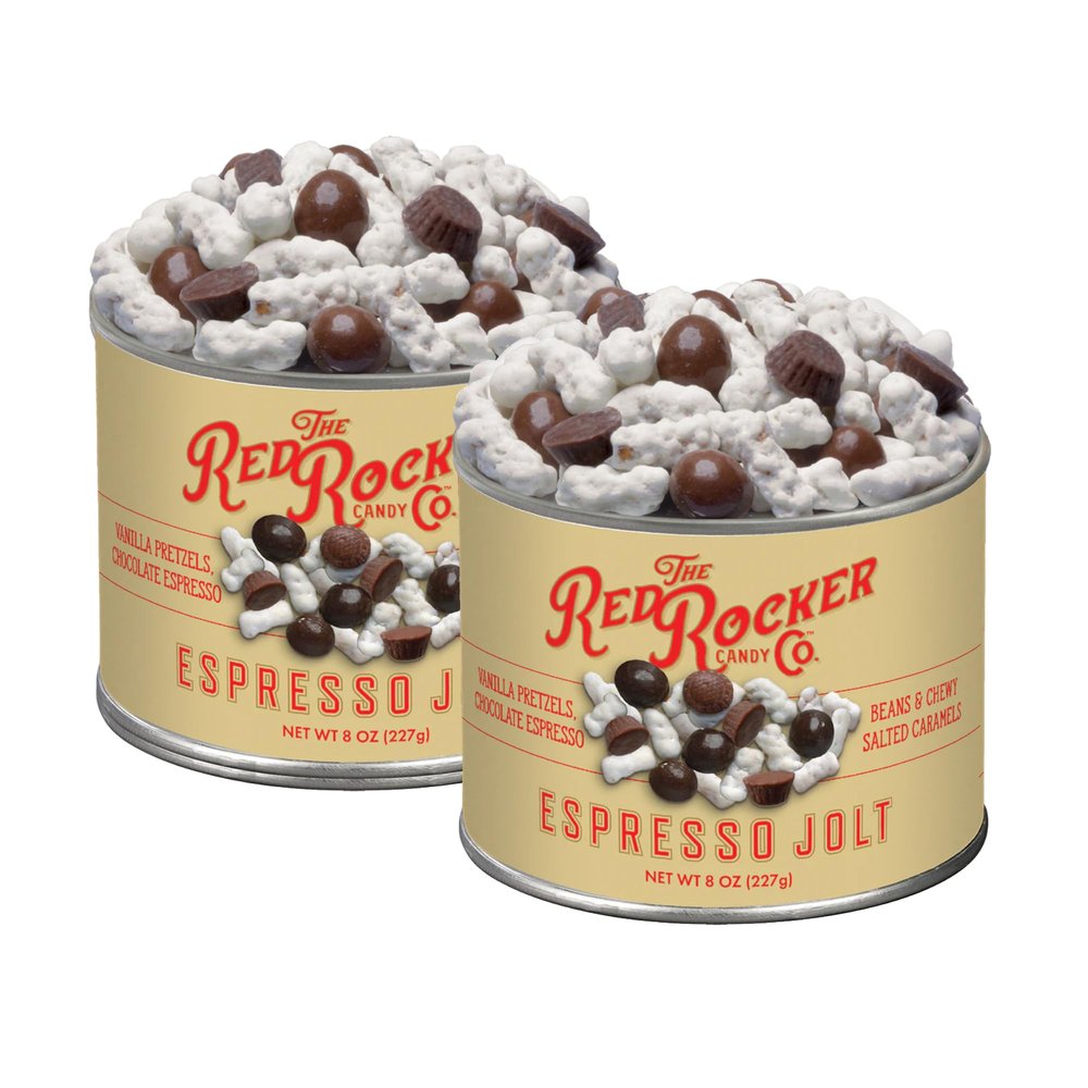 Red Rocker Candy - Pack of 2 - Espresso Jolt - Coffee Inspired Snack Mix - 8 oz. Resealable Cans