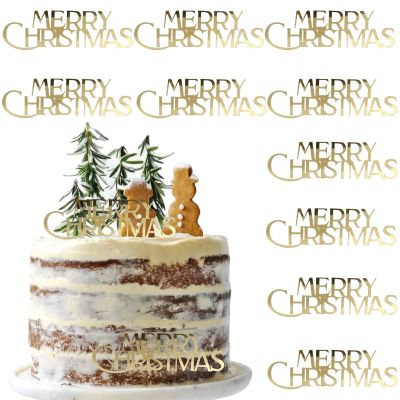 10 Pcs Christmas Cake Toppers Mirror Acrylic Cupcake Topper Merry Christmas Picks Cake Decorations for Xmas Winter DIY Party Dessert Decoration (Gold)