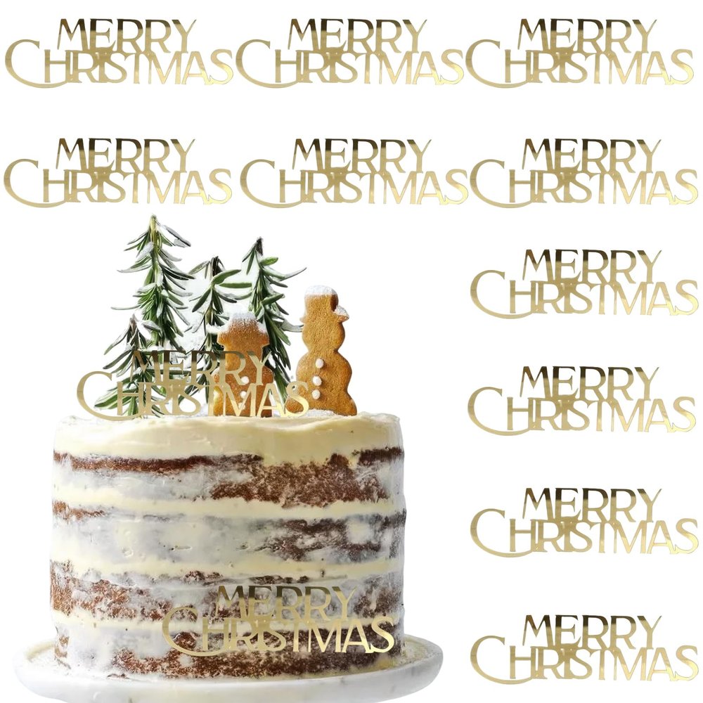 10 Pcs Christmas Cake Toppers Mirror Acrylic Cupcake Topper Merry Christmas Picks Cake Decorations for Xmas Winter DIY Party Dessert Decoration (Gold)