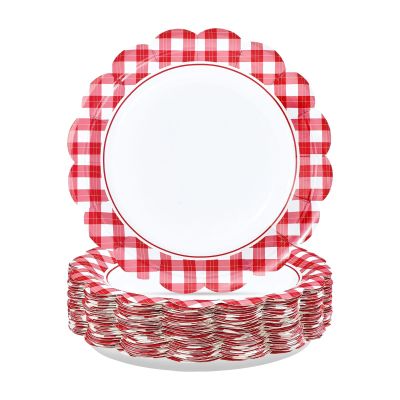 Greencian 50 Pcs Red Gingham Scalloped Paper Plates 9 Inch Heavy Duty