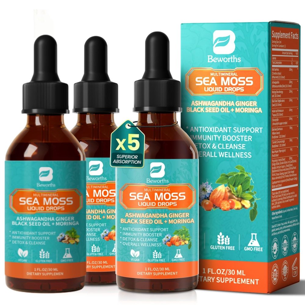 3Pack Sea Moss Drops - Irish Sea Moss Chlorophyll Liquid with Black Seed Oil, Ashwagandha, Moringa, Turmeric, Elderberry, Mullein, Seamoss Gel Supplement for Liver Cleaner, Detox & Gut, Immune Support