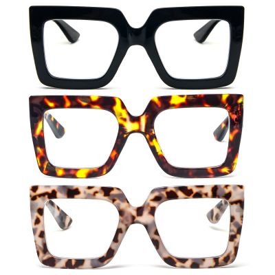 prtcslwd 3 Pack Oversized Thick Frame Reading Glasses for Women,Stylish Square Large Readers Blocking Blue Light Glasses (Black+Brown Leopard+Gray Leopard, 1.5, x)