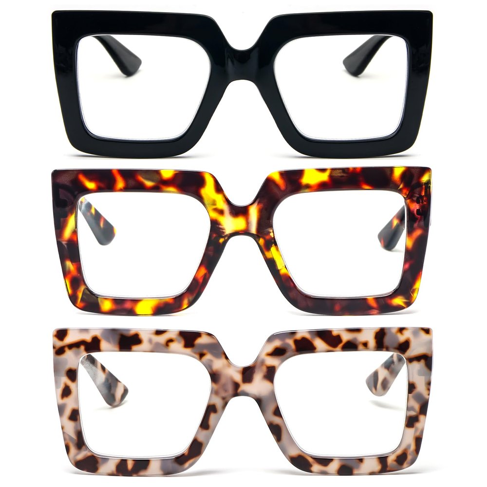 prtcslwd 3 Pack Oversized Thick Frame Reading Glasses for Women,Stylish Square Large Readers Blocking Blue Light Glasses (Black+Brown Leopard+Gray Leopard, 1.5, x)