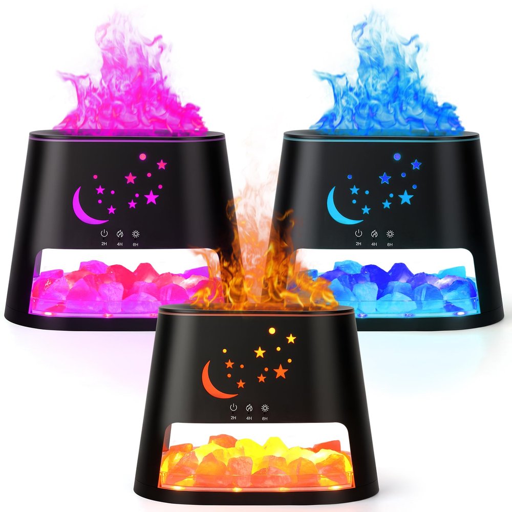 3 Pack Flame Essential Oil Diffuser 260ml Ultrasonic Aroma Diffusers with Cool Mist Himalayan Salt Lamp 8 Colors LED Light with Remote Control for Home Bedroom Office Spa Yoga Room Gift,Black