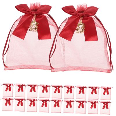 VICASKY 20pcs Red Organza Gift Bags with Drawstring Marbled Wedding Candy Pouches for Bridal Party Favor Jewelry Organizer Shower and Birthday Gift Packaging