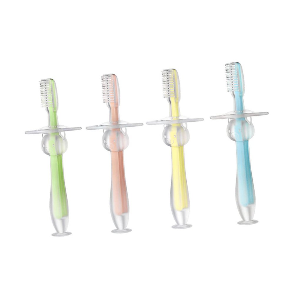 Ipetboom 4pcs Silicone Training Toothbrush with Suction Base Standing Design Soft Teether for Oral Pink Green Yellow