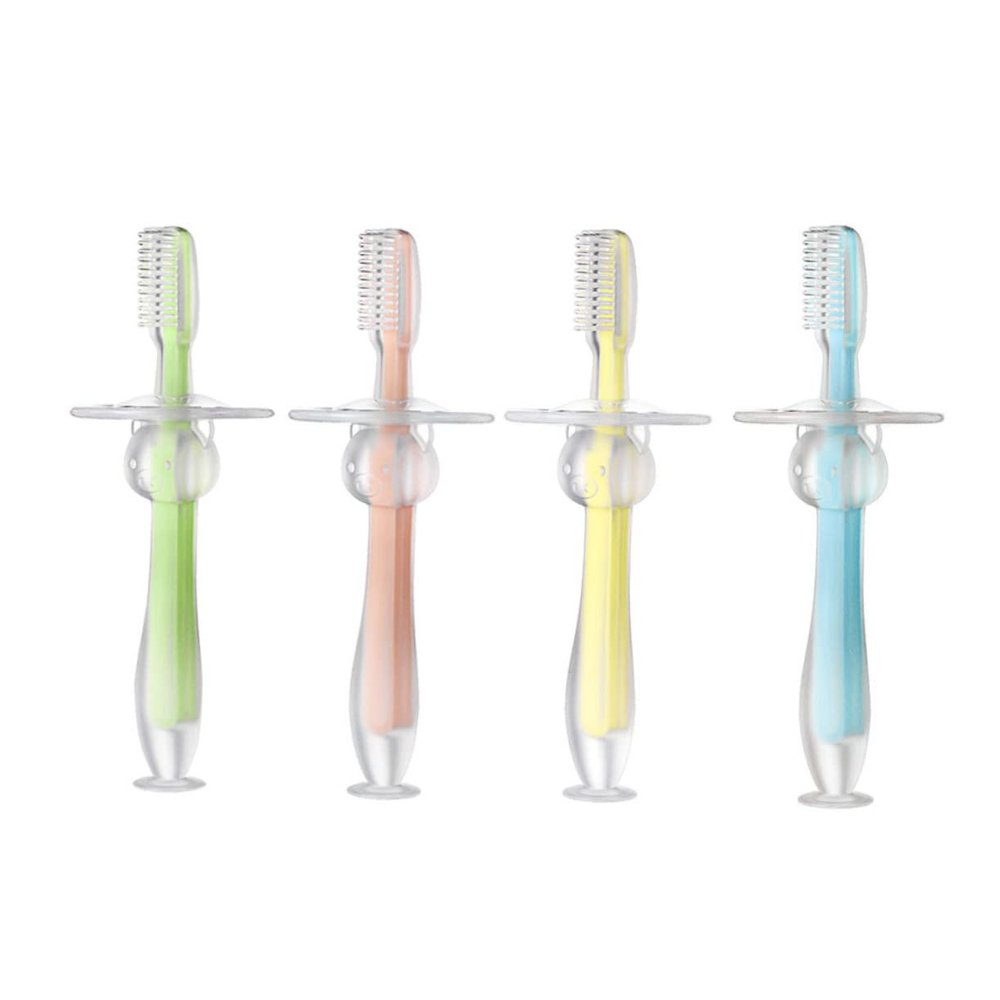 Beaupretty 4pcs Silicone Teether Toothbrush with Standing Suction Base Soft Toothbrushes for Oral Hygiene and Gum Relief Blue Pink Green Yellow