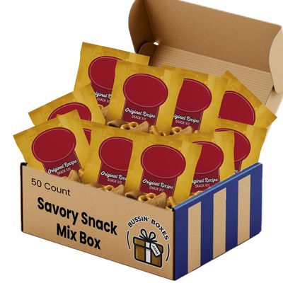 Savory Original Recipe Snack Mix Variety Pack Bulk Snack Bags with Crunchy Breadstick Chips and Pretzel Bites (1.75 oz., 50 ct.) Individually Wrapped and Assembled by Bussin Boxes