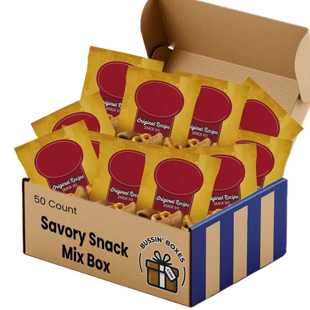 Savory Original Recipe Snack Mix Variety Pack Bulk Snack Bags with Crunchy Breadstick Chips and Pretzel Bites (1.75 oz., 50 ct.) Individually Wrapped and Assembled by Bussin Boxes