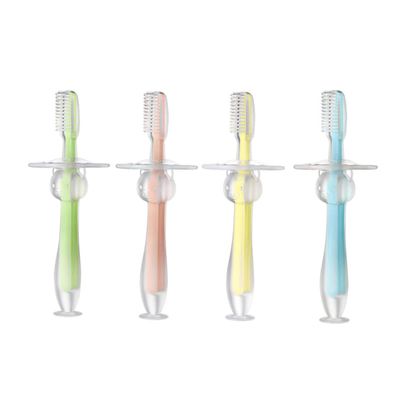Healifty 4pcs Silicone Teether Toothbrush with Suction Base Standing Design Soft Training Brush for Oral Care Pink Green Yellow