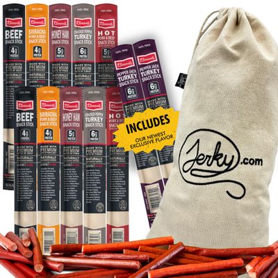 Jerky.com Jerky Gifts for Men | 12 Piece Meat Sticks Sampler with Beef Sticks, Pork, Ham, Sriracha, Turkey | High Protein, Low Carb, Keto Friendly Beef Jerky Snack Pack | Fathers Day Gift for Dad