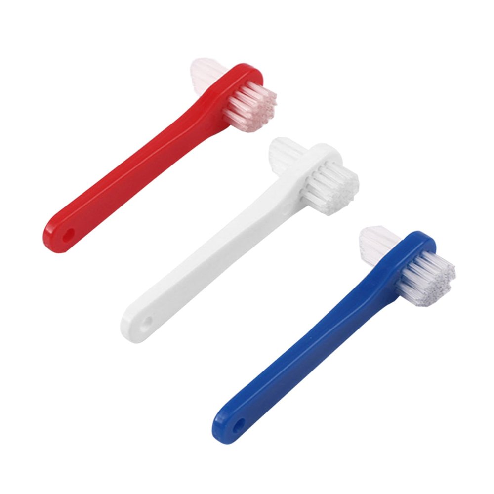 VICASKY 3Pcs Denture Toothbrushes for Adults Medium Hardness Bristles Compact Dual Head Design Durable Thick Handle Gentle Cleaning for Dentures and Braces Easy to Use Oral Care White Red
