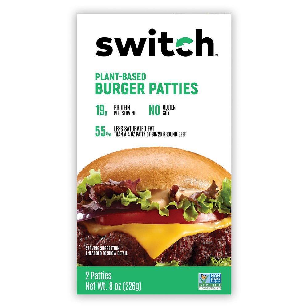 Switch Foods Plant-Based Burger Patties | High-Protein | Soy, Gluten, GMO, Dairy & Allergen Free | 19g Protein | Halal & Kosher | 2 Patties | 8 Oz