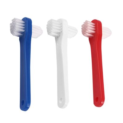 CALLARON 3Pcs Double Ended Denture Toothbrush for Adults Medium Bristle Cleaning Brushes with Small Heads Gentle Gums and Efficient for Denture and White Red Blue