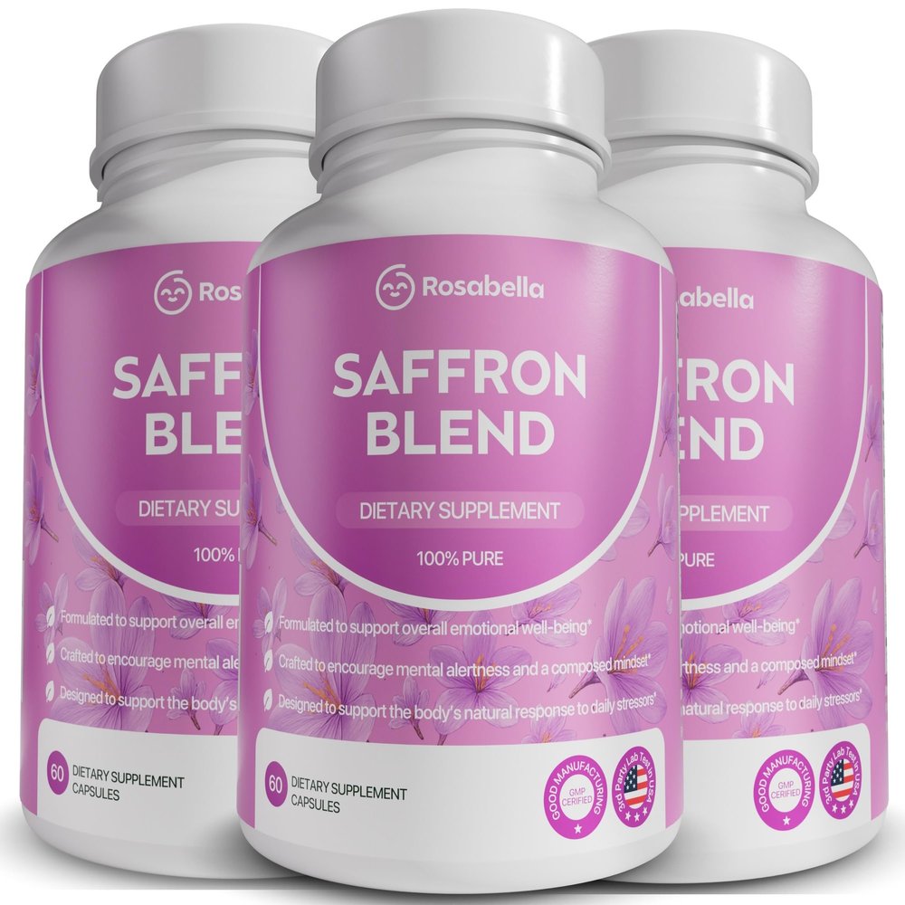 Rosabella Saffron Blend Supplement for Men & Women Saffron, B6, Magnesium & Herbal Extract Capsules Supports Mood, Focus & Clarity Non-GMO, Gluten-Free 180 Capsules 90-Day Supply