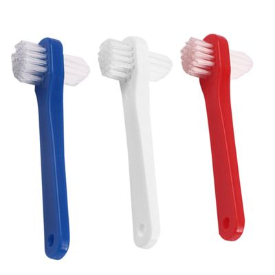 BUTIFULSIC 3Pcs Small Double Ended Denture Toothbrushes for Adults Medium Hardness Bristles Durable and Easy to Use Cleaning Brushes for Partial and Full Dentures Bulk with White Red and Blue