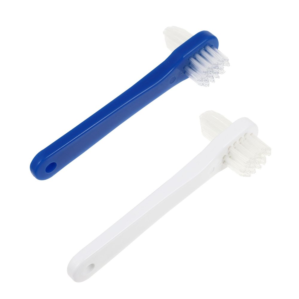 WATIIFUFU 2pcs Dual Head Denture Toothbrushes with Firm Nylon Bristles T Shaped False Teeth Cleaner for Stain and Food Particle Removal White Blue for Denture Care and Fresher Breath