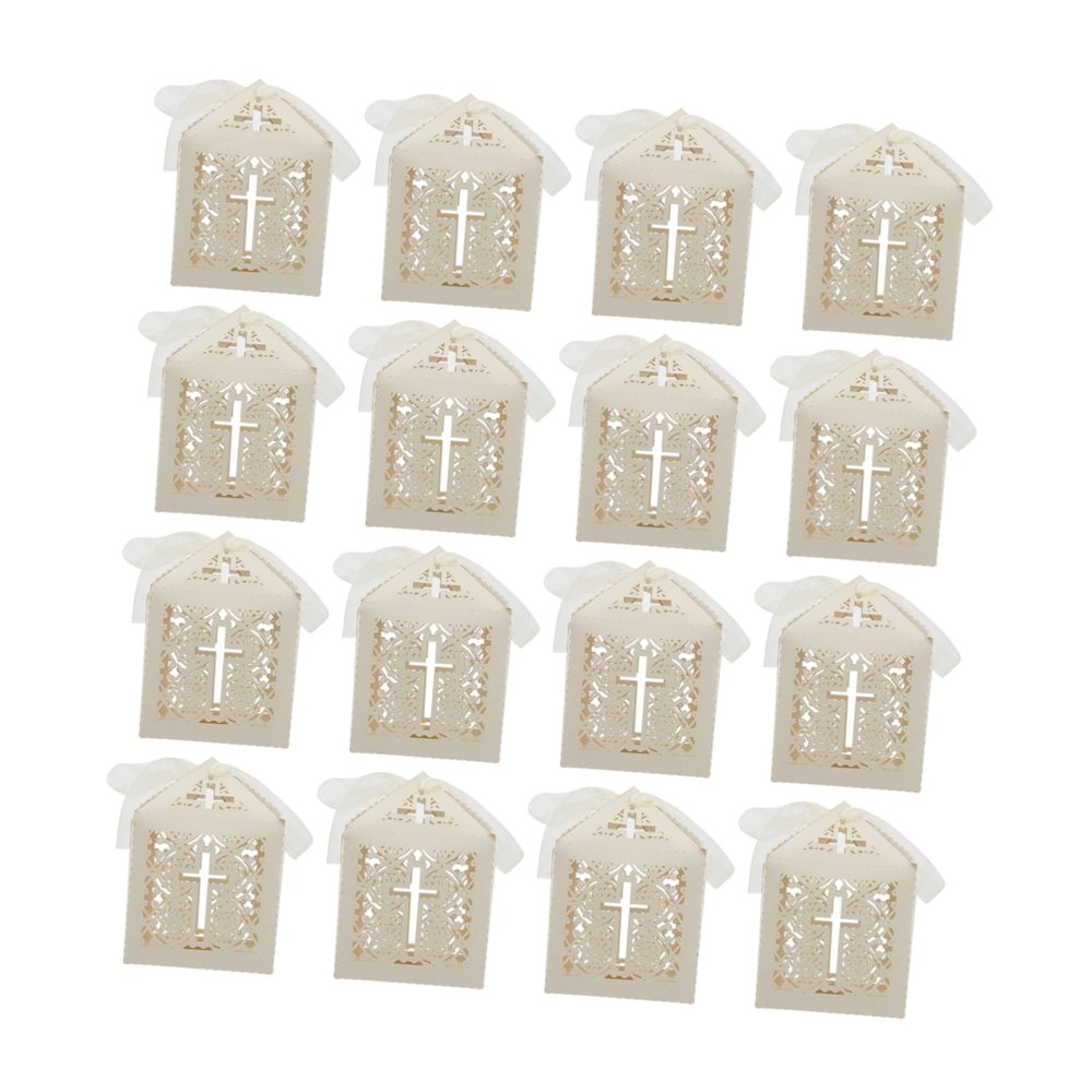 AUTSUPPL 20pcs Christian Cross Hollow Candy Boxes with Ribbon Ivory Paper Favor Packaging for Wedding Baptism Party Gift Storage Unique Cross Shaped Treat Containers