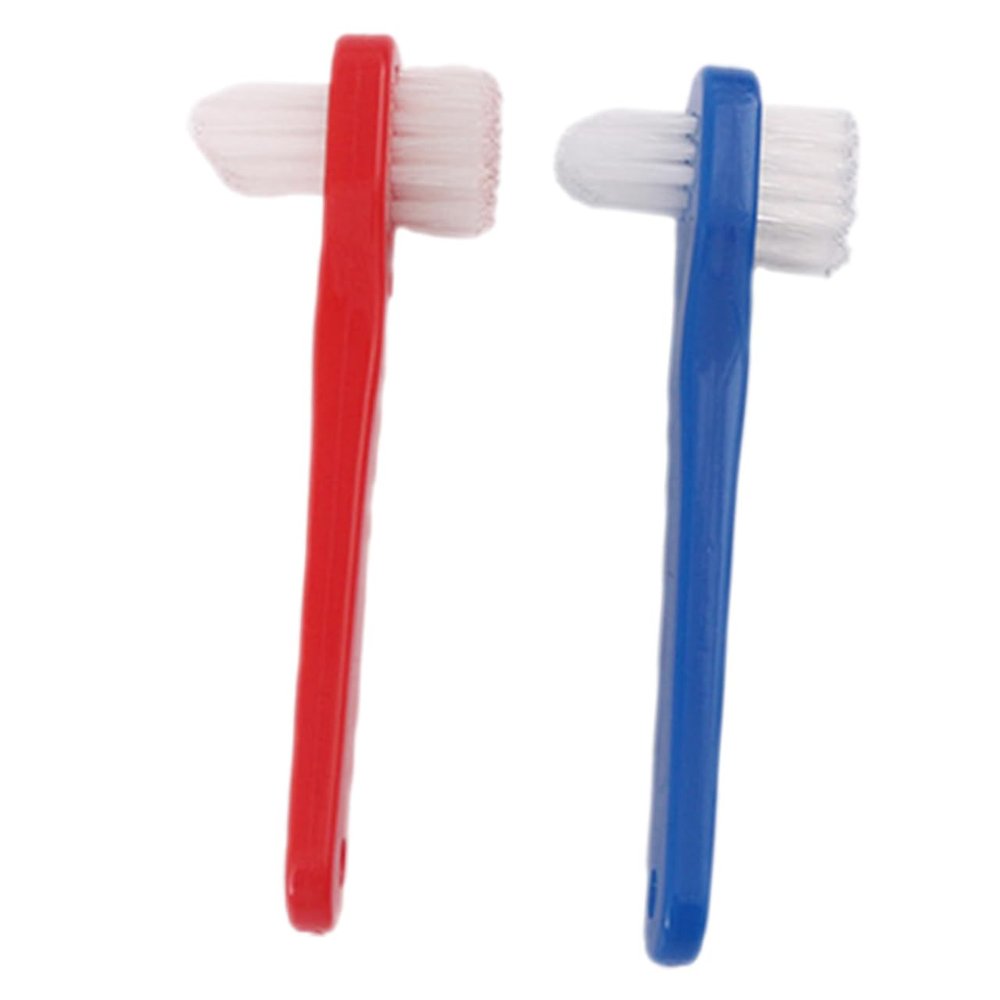 BELLIFFY 2pcs Double Head Denture Toothbrush with Small Ergonomic Heads for Deep Oral Cleaning Flexible Household Brush for Hard to Reach Areas Blue and Red Brushes