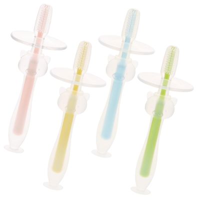 OSOLADY 4pcs Silicone Toothbrushes with Suction Base for Newborns and Soft Bristle Oral Cleaner in Pink Yellow Green Blue for Gum and Tongue Care