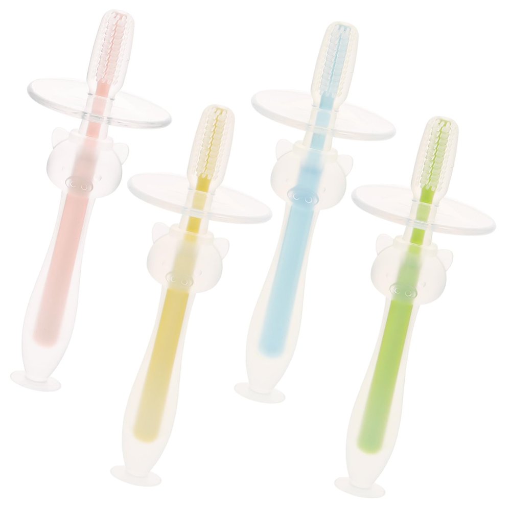 OSOLADY 4pcs Silicone Toothbrushes with Suction Base for Newborns and Soft Bristle Oral Cleaner in Pink Yellow Green Blue for Gum and Tongue Care