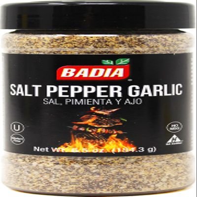 Badia Salt Pepper Garlic Seasoning, 6.5 oz - All Purpose Spice Blend for Rubs, Beef, Chicken, Steak, Vegetables - Gluten Free, No MSG