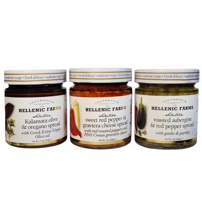 Hellenic Farms Greek Spreads 3-pack - Sweet Red Pepper & Graviera Cheese Spread, plus Roasted Eggplant & Red Pepper Spread, plus Kalamata Olive & Oregano Spread