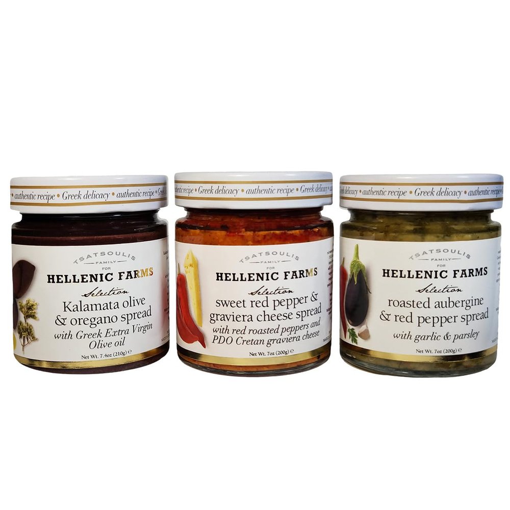 Hellenic Farms Greek Spreads 3-pack - Sweet Red Pepper & Graviera Cheese Spread, plus Roasted Eggplant & Red Pepper Spread, plus Kalamata Olive & Oregano Spread