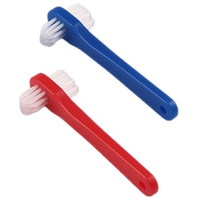 PartyKindom 2pcs Double Head Denture Toothbrush for Fake Teeth Care Small Ergonomic Handle with Firm Grip Oral Cleaner Brush for Deep Cleaning Dentures and Hard to Reach Areas Blue and Red