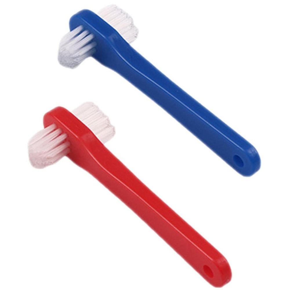 PartyKindom 2pcs Double Head Denture Toothbrush for Fake Teeth Care Small Ergonomic Handle with Firm Grip Oral Cleaner Brush for Deep Cleaning Dentures and Hard to Reach Areas Blue and Red