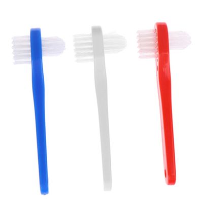 Garneck 3Pcs Double Sided Denture Toothbrushes with Medium Bristles for Adult Denture Cleaning Small Head for Hard to Reach Areas Comfortable Handles in White Red Blue