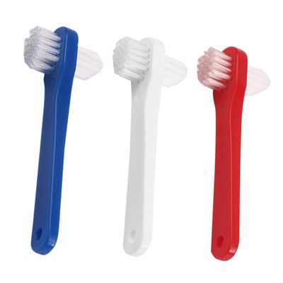COOPHYA 3Pcs Double Sided Denture Toothbrushes for Adults Medium Hardness Bristles Small Head for Comfortable Cleaning Handle for Firm Grip Dental Care in White Red Blue