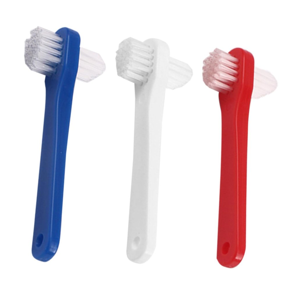 COOPHYA 3Pcs Double Sided Denture Toothbrushes for Adults Medium Hardness Bristles Small Head for Comfortable Cleaning Handle for Firm Grip Dental Care in White Red Blue