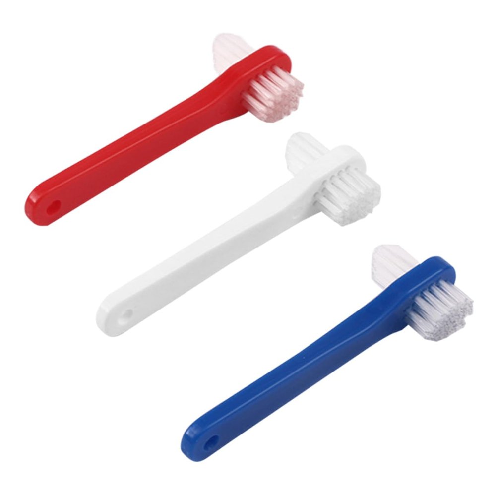 ADOCARN 3Pcs Small Double Sided Denture Toothbrush with Ergonomic Handle for Adults Comfortable Grip Dental Cleaning Brush for Hard to Reach Areas for Braces and Retainers White Red Blue