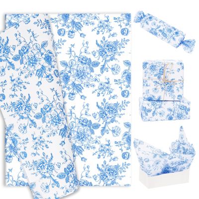 60 Sheets Blue Floral Tissue Papers Vintage Flower Wrapping Paper Chinoiserie Decorative Art Paper for Birthday Wedding Party DIY Crafts Supplies, 20 x 28 Inch
