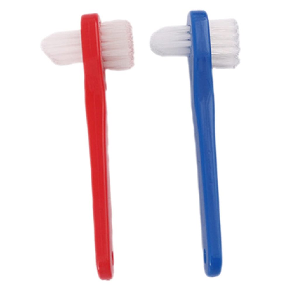 Healeved 2pcs Small Double Head Denture Toothbrush for Efficient Oral Cleaning Firm Grip Angled Heads for Partial and Full False Teeth Red