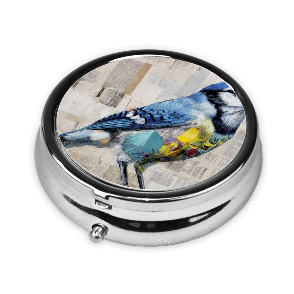 Blue Bird Collage Newspaper Graffiti Round Pill Case, Portable Pill Box for Pocket Metal Medicine Vitamin Organizer 3 Compartment Three Times A Day