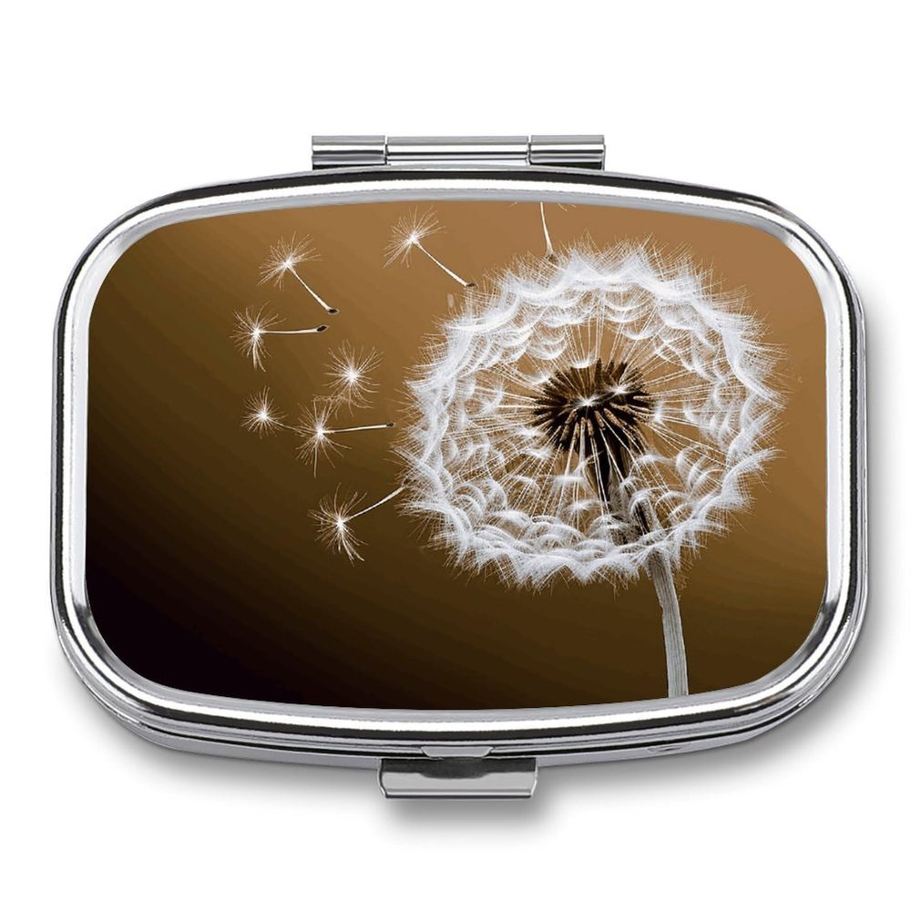 Blown Dandelion Blossom Travel Pill Organizer - Daily Pill Box to Hold Vitamins, Portable Pill Case Cod Liver Oil Storage Box with 2 Compartment for Pocket Purse