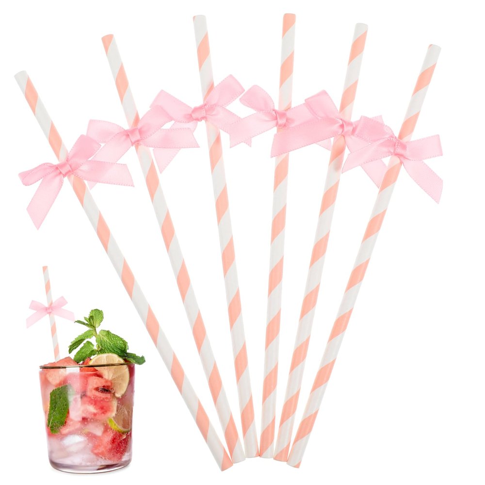 FOMIYES 60pcs Decorative Paper Straws with Pink Bow Ties for Birthday Party Supplies Wedding and Festival Banquets Safe and Practical Drinking Straws Photo Props for Festive Celebration