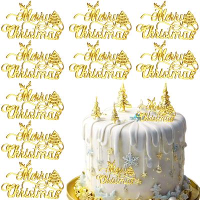 10 Pcs Christmas Cake Toppers Mirror Gold Acrylic Cupcake Topper Side Cake Decorations Xmas Tree Elk Merry Christmas Cake Topper Picks for Winter Xmas Party Cake Desserts Decor
