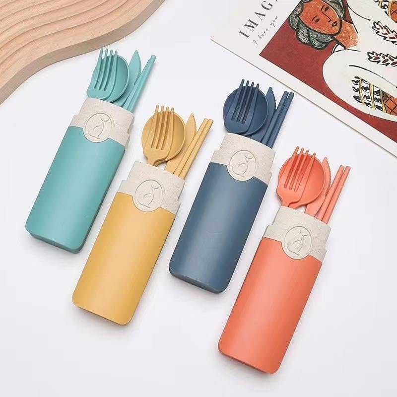 Portable Tableware Set, 5 Counts/set Including Knife, Fork, Spoon, Chopsticks & Storage Box, Camping Outdoor Tableware, Student Tableware Set, Picnic Set (1 yellow)