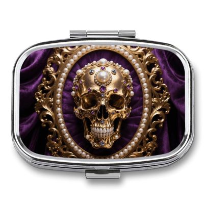 Portable Pill Organizer Baroque Metal Skull Small Pill Box 2 Compartment Medicine Vitamin Organizer Travel Medicine Organizer with Mirror & Button Closure Cute Medication Case for Purse