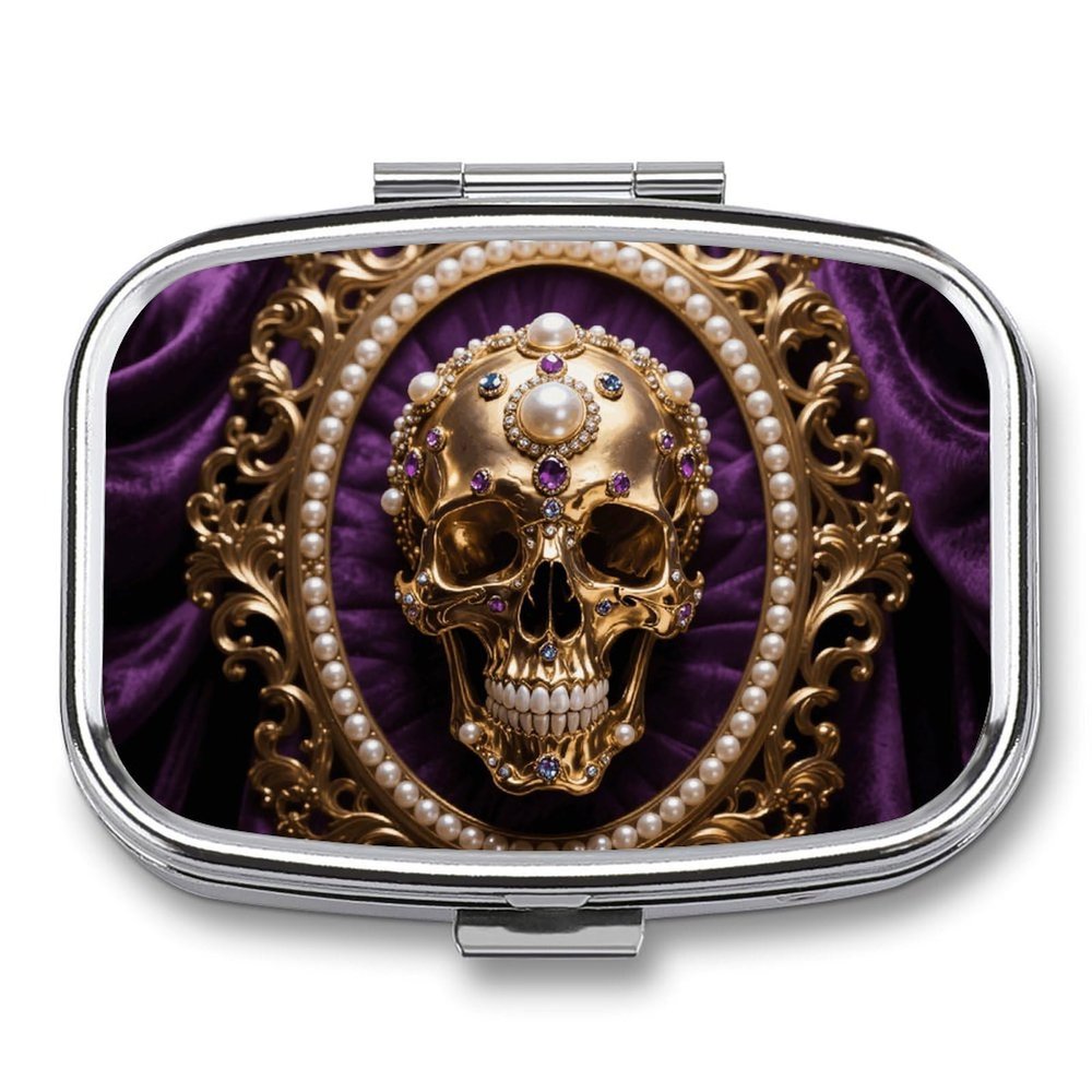 Portable Pill Organizer Baroque Metal Skull Small Pill Box 2 Compartment Medicine Vitamin Organizer Travel Medicine Organizer with Mirror & Button Closure Cute Medication Case for Purse