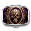 Portable Pill Organizer Baroque Metal Skull Small Pill Box 2 Compartment Medicine Vitamin Organizer Travel Medicine Organizer with Mirror & Button Closure Cute Medication Case for Purse view 1
