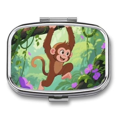 Portable Pill Organizer Rhesus Monkey Small Pill Box 2 Compartment Medicine Vitamin Organizer Travel Medicine Organizer with Mirror & Button Closure Cute Medication Case for Purse