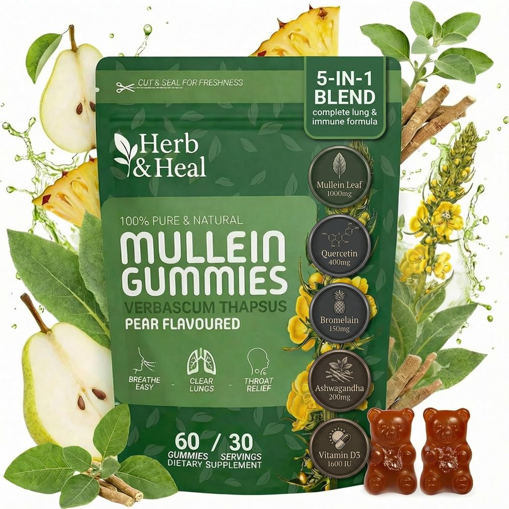 (5-in-1) Mullein Gummies for Lungs Cleanse & Detox | Organic Mullein Leaf Gummies for Lung Health, Heavy Smokers Breathing Support | Ashwagandha, Vitamin D3, Quercetin & Bromelain Pack of 60