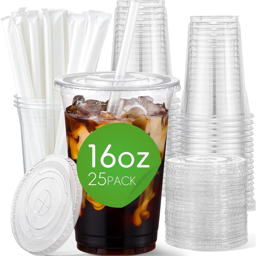 25 Pack 16oz Clear Plastic Cups with Lids and Straws, Disposable Drinking Cups for Cold Beverage Juice Smoothie Crystal for Coffee Shops Party Catering