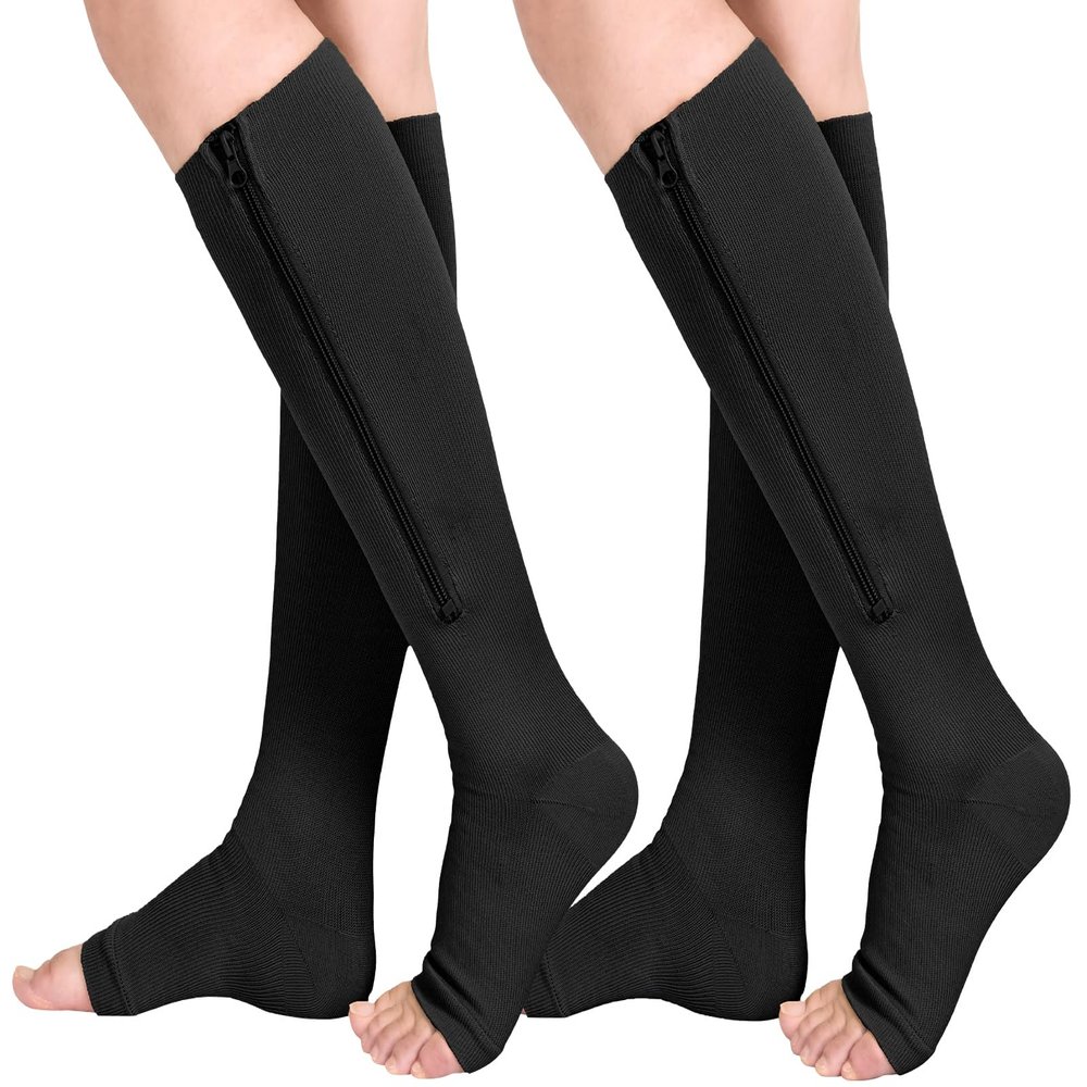 Athbavib 2 Pairs Compression Socks for Women & Men with Zipper 15-20 mmhg, Wide Calf Open Toe Plus Size Compression Socks Men, Knee High Compression Stockings for Flying Nurses Pregnant Women Travel